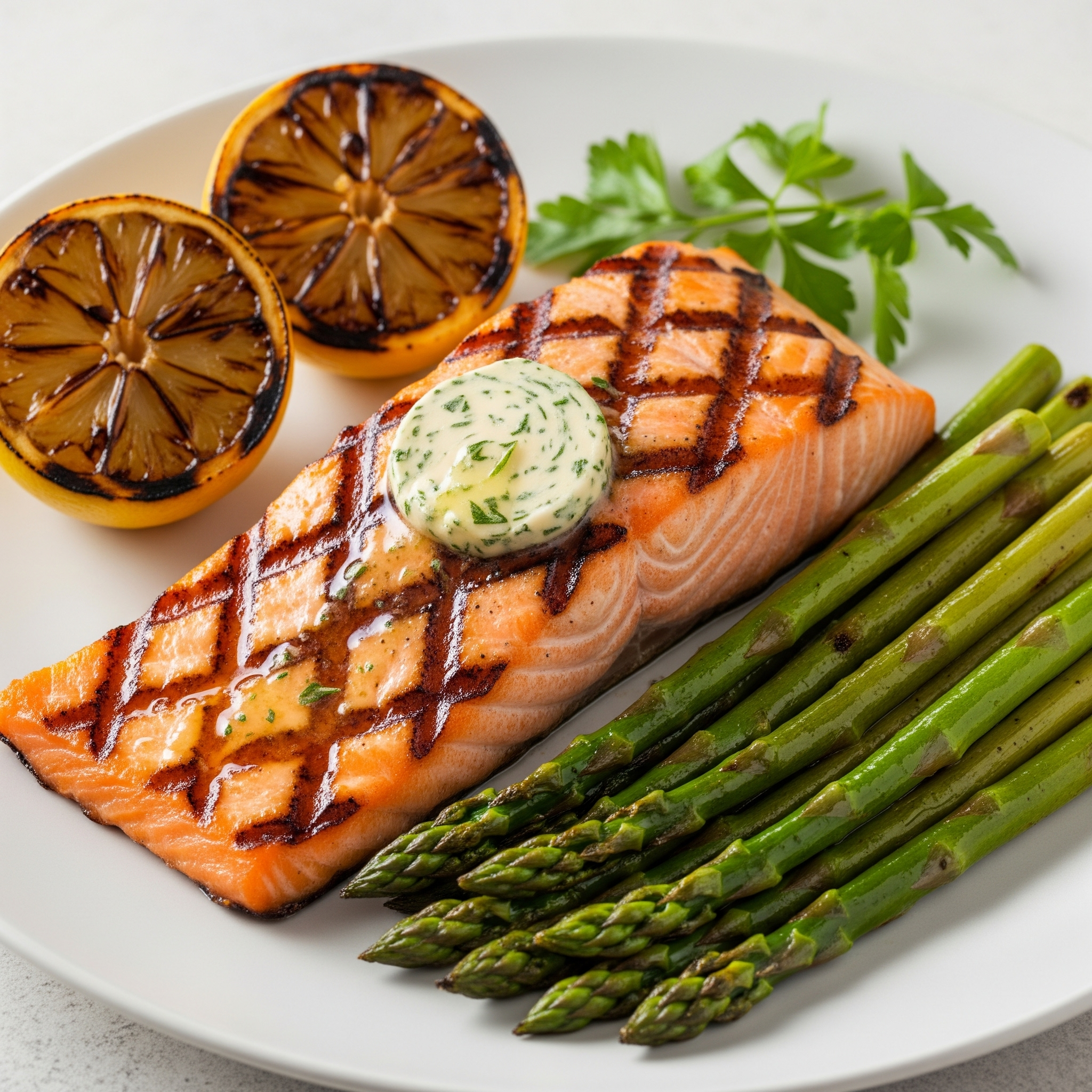 Salmão grelhado com limão tostado e aspargos